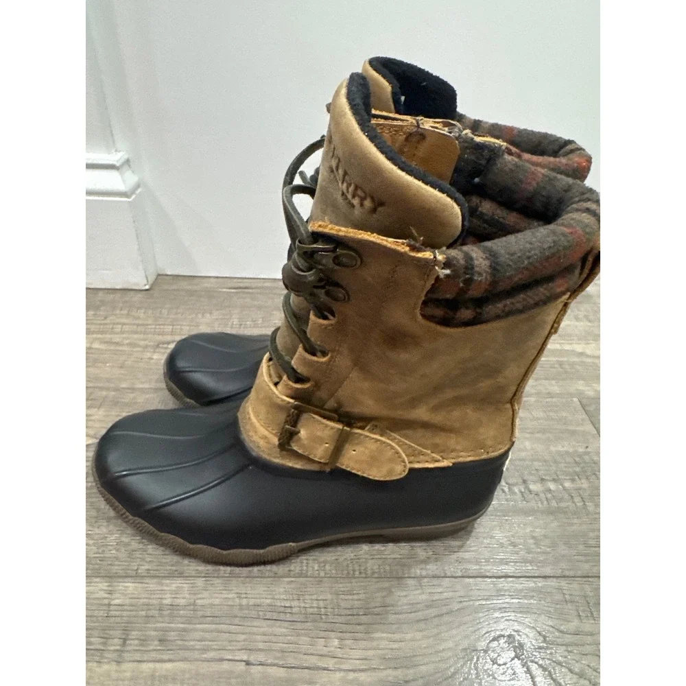 Sperry Saltwater Waterproof Duck Boots Brown Black Plaid STS95911 Womens 6.5M